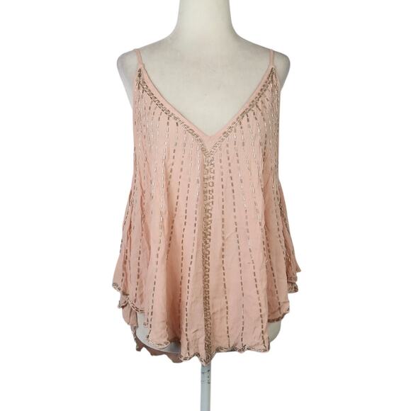 Free People Free Fly Light Pink Beaded Cami Tank Top Large NWT - Picture 1 of 8